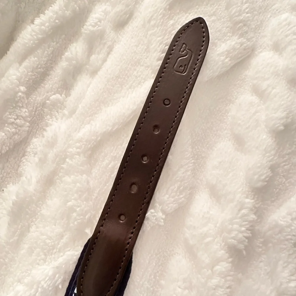 Vineyard Vines Boys Navy Whale Print Belt with Brown Leather & Gold Buckle NWOT